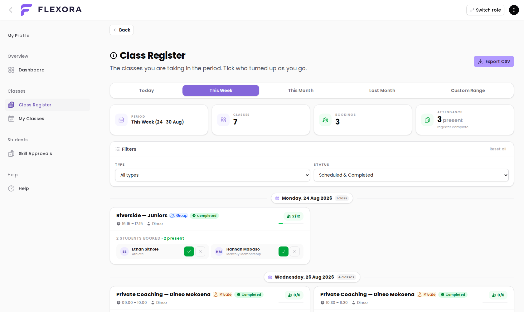 Class register listing the students in each session