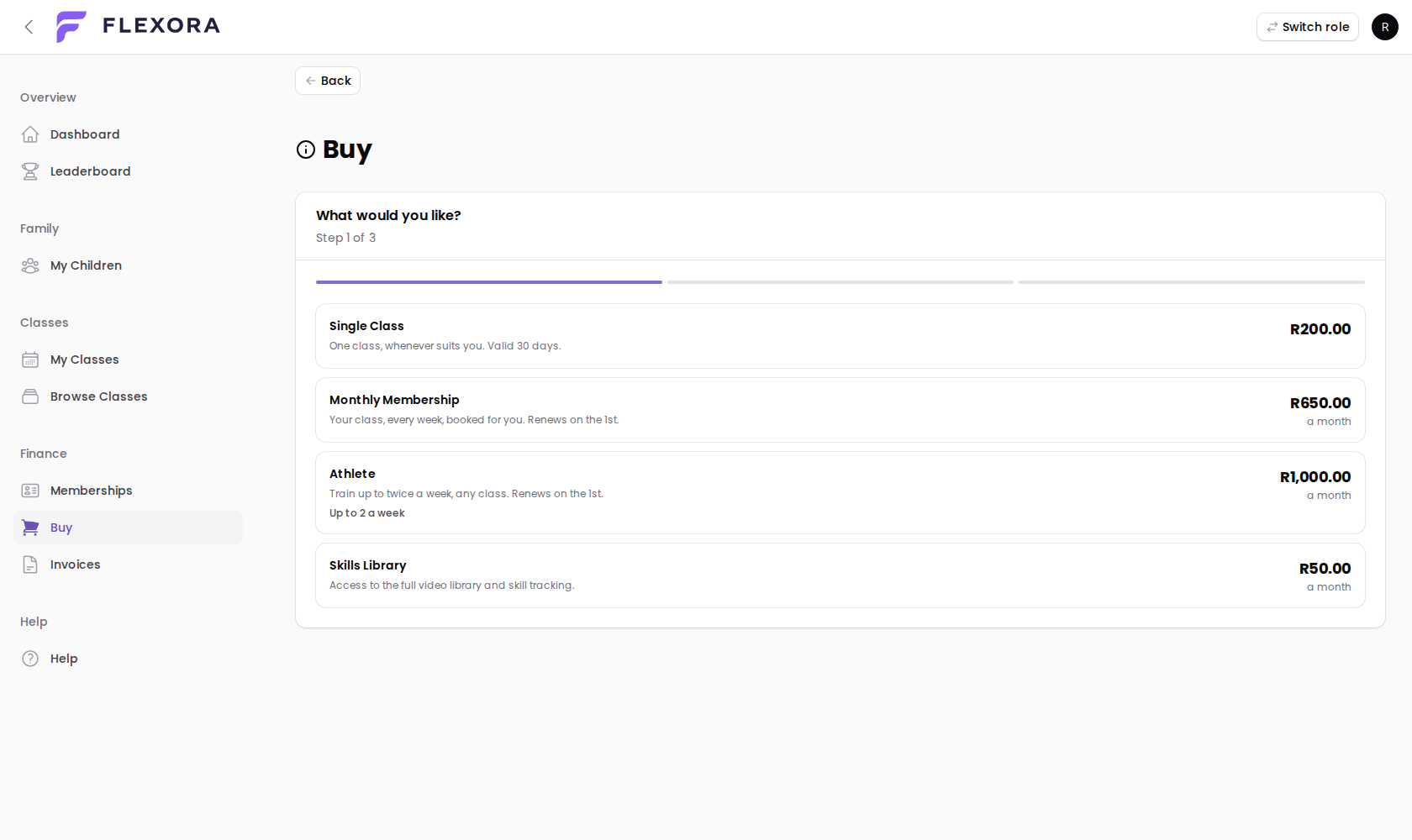 Parent billing screen showing the plans available to buy